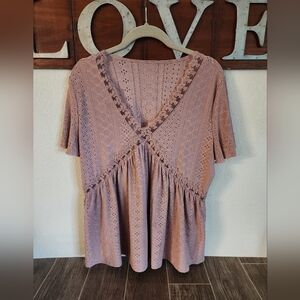 Lovely Lace and Eylet Short Sleeve Empire Waist Top Size Xl